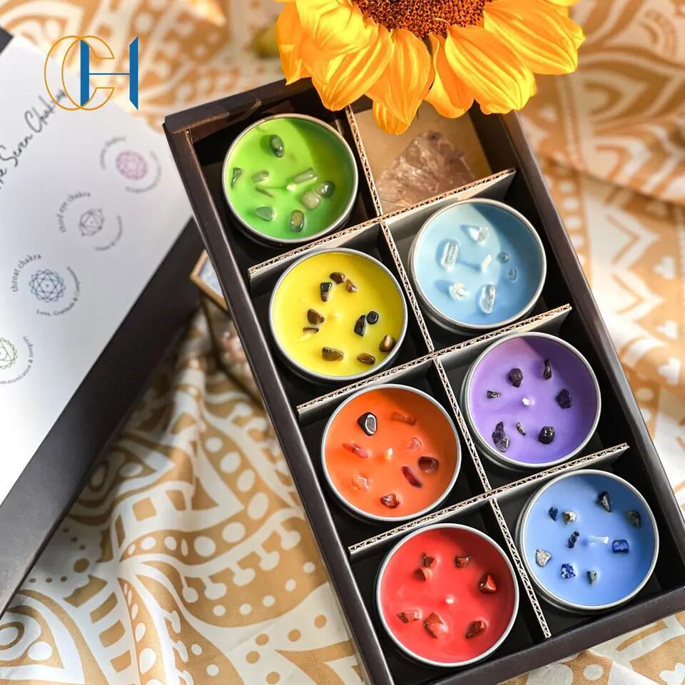 C&H Customized 7 day Chakra Tea Light Yoga Candle Manifestation Scented Healing Small Root tealight Crystal Candle