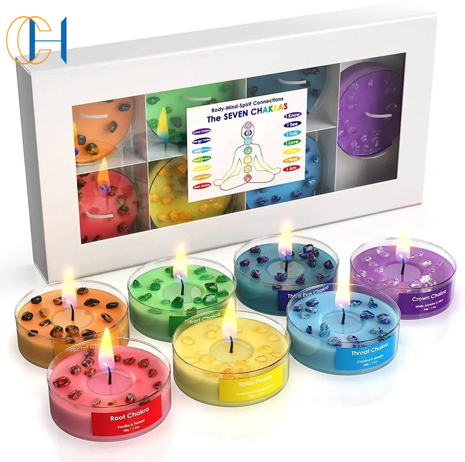 C&H Customized 7 day Chakra Tea Light Yoga Candle Manifestation Scented Healing Small Root tealight Crystal Candle