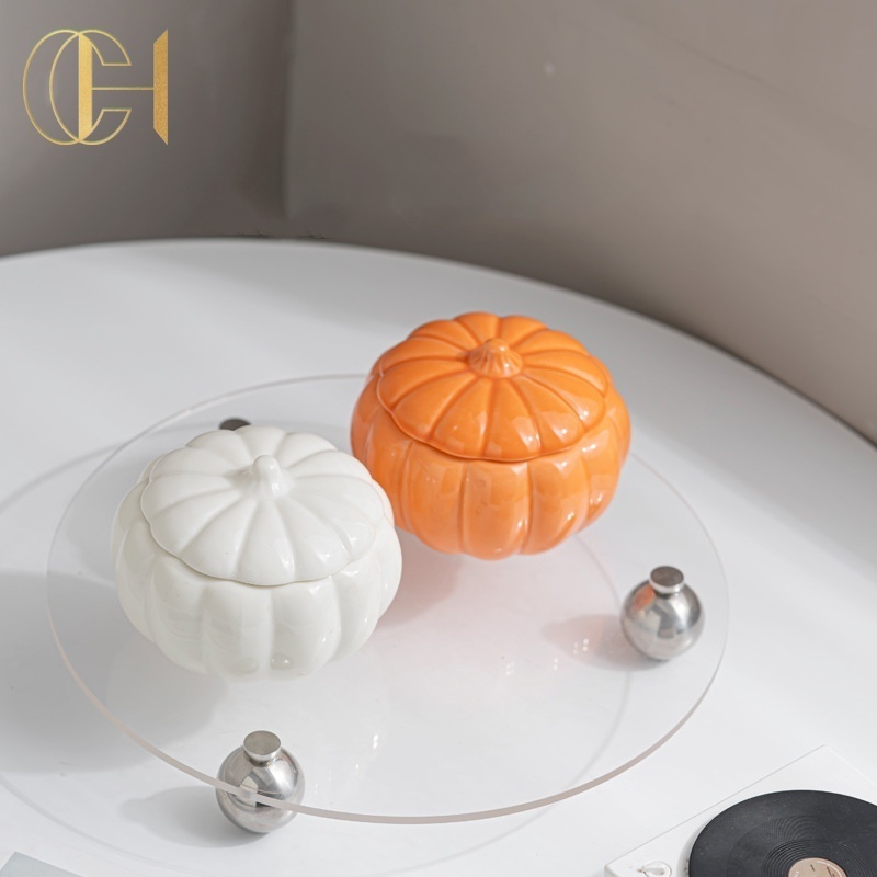 C&H New Design Modern Decoration Pumpkin Shape Candle Vessels Custom Cement Ceramic Jars With Lid