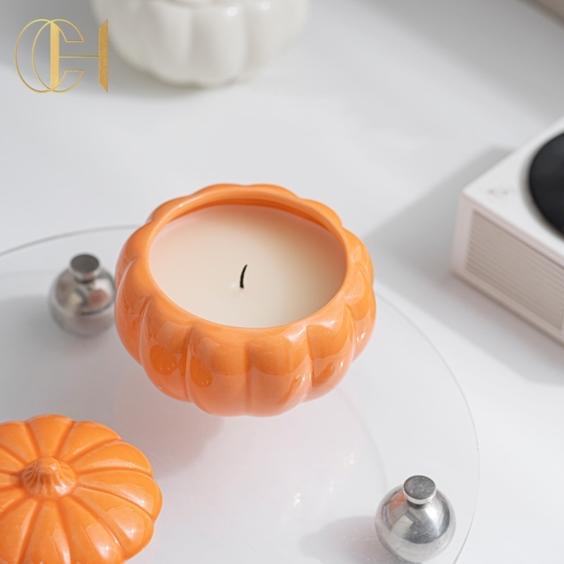 C&H New Design Modern Decoration Pumpkin Shape Candle Vessels Custom Cement Ceramic Jars With Lid