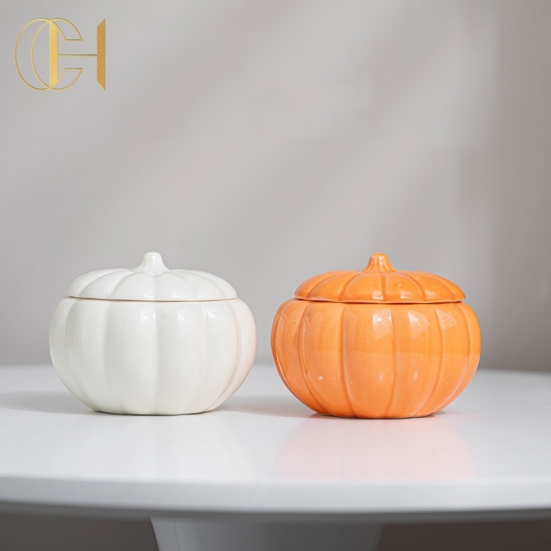 C&H New Design Modern Decoration Pumpkin Shape Candle Vessels Custom Cement Ceramic Jars With Lid