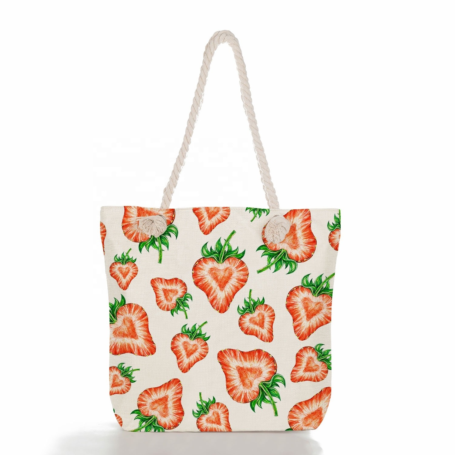 Factory low quantity fruit strawberry  print women's large capacity zipper shoulder handbags travel storage tote beach bag