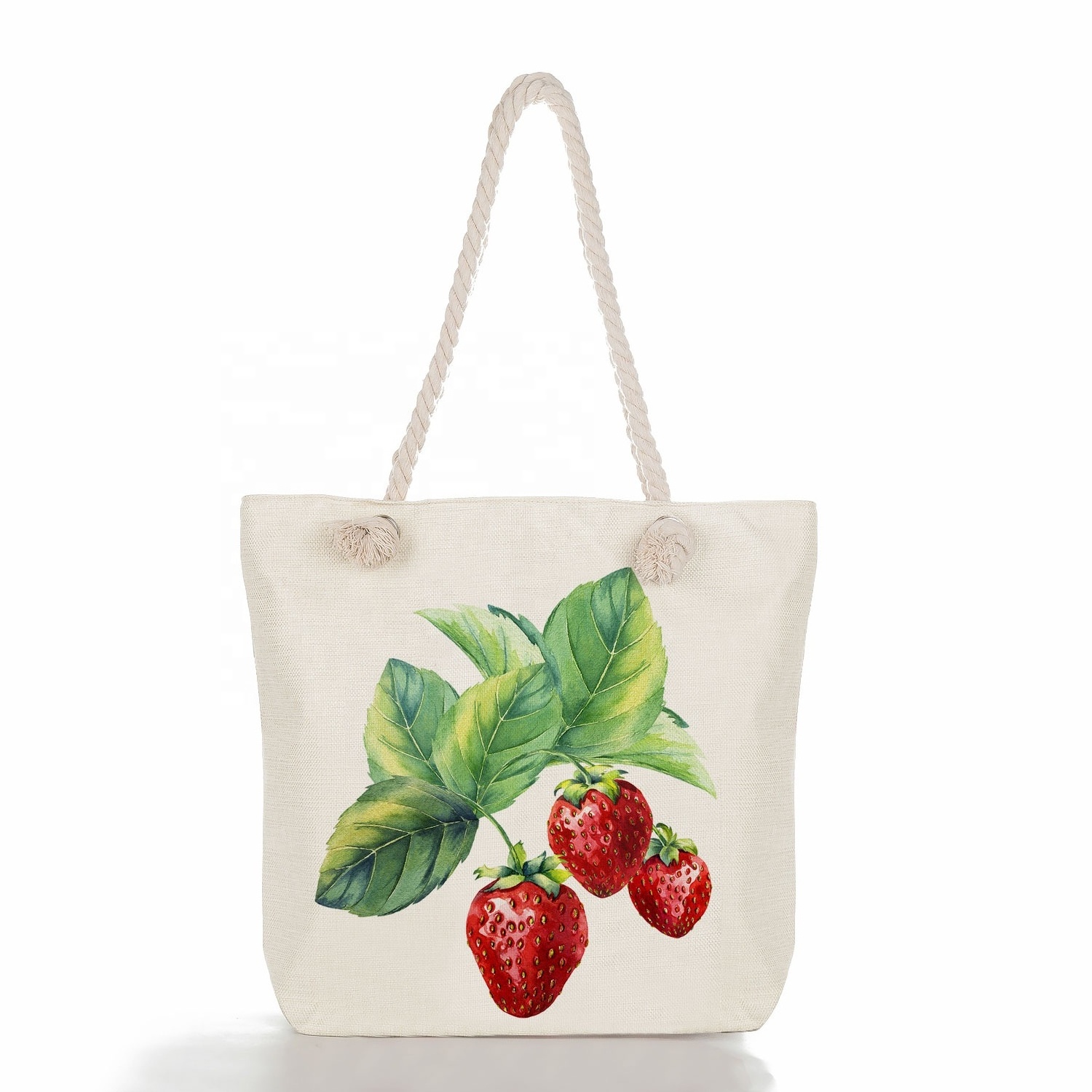 Factory low quantity fruit strawberry  print women's large capacity zipper shoulder handbags travel storage tote beach bag