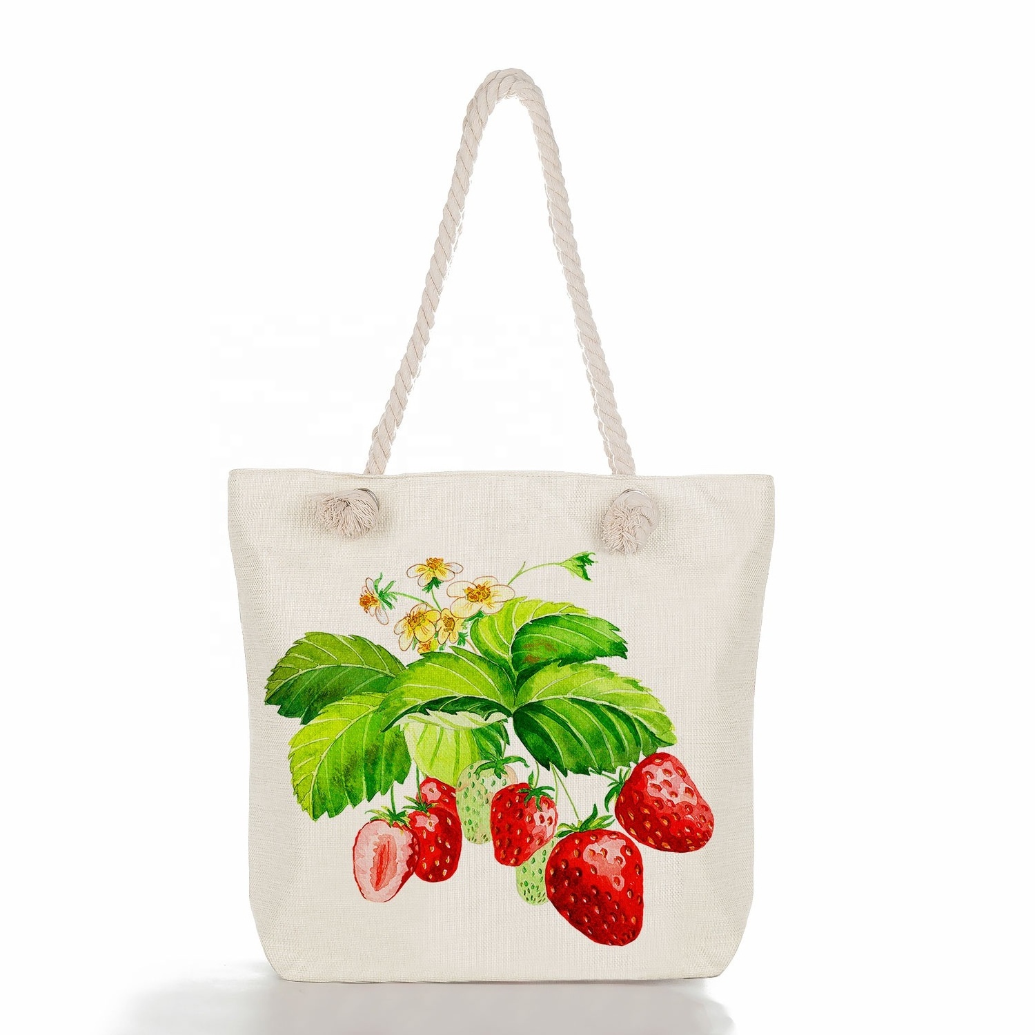 Factory low quantity fruit strawberry  print women's large capacity zipper shoulder handbags travel storage tote beach bag