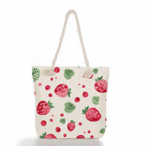 Factory low quantity fruit strawberry  print women's large capacity zipper shoulder handbags travel storage tote beach bag