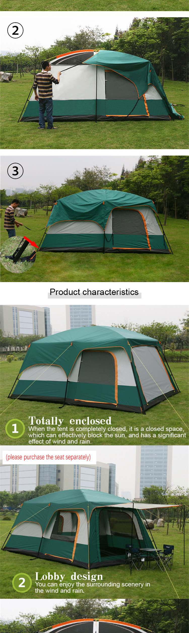 Outdoor tent camping rainproof villa double deck two room one hall  tent sun proof camping tent