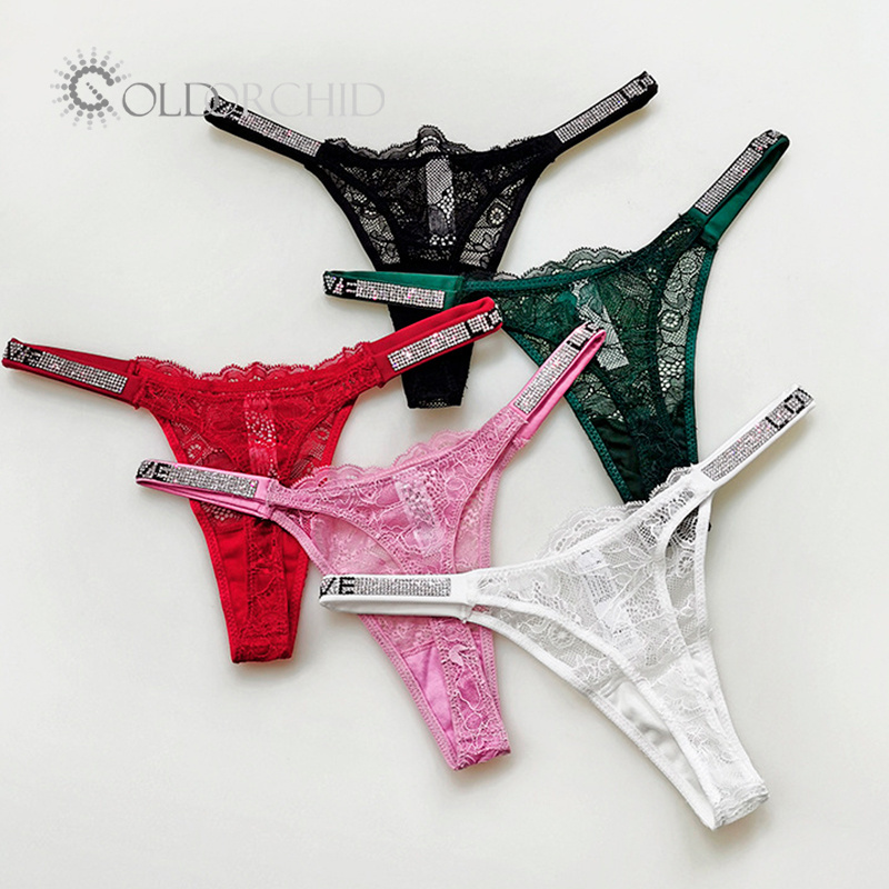 Latest Rhinestone Design Women G String Cotton Panties Low Rise Embroidery Ladies Thong Underwear on Sale