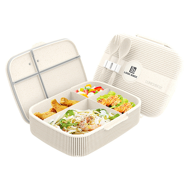 2023 Biodegradable Wheat Straw Fiber Food Containers School Children Bento Lunch Box with flatware For Kids