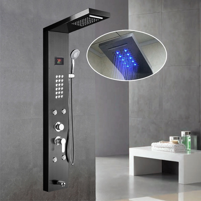 Hot Sale Luxury Black Color Thermostatic Led Rain Shower Head Bathroom Stainless Steel Wall Mounted waterfall Shower Panels