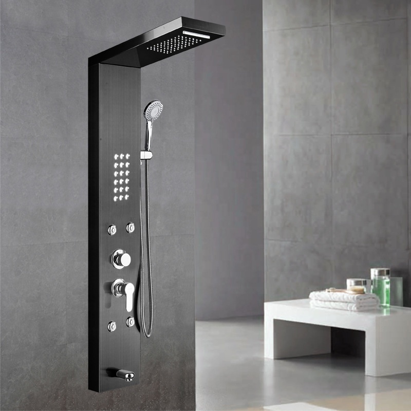 Hot Sale Luxury Black Color Thermostatic Led Rain Shower Head Bathroom Stainless Steel Wall Mounted waterfall Shower Panels