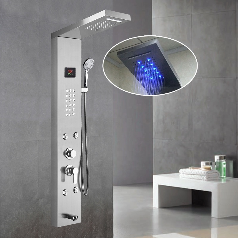 Stainless steel wall mounted black shower column rainfall waterfall LED lighting smart Shower Panel