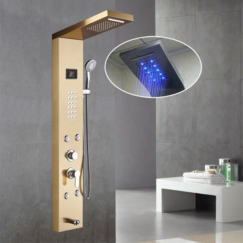 Stainless steel wall mounted black shower column rainfall waterfall LED lighting smart Shower Panel