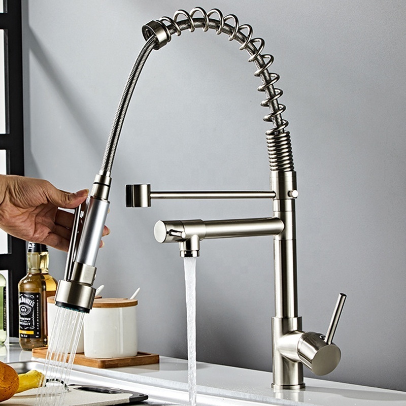 Brass Cartridge Long Neck Single Handle Pull Down Kitchen Sink Faucet Black with Sprayer  Pull Out Kitchen Faucet