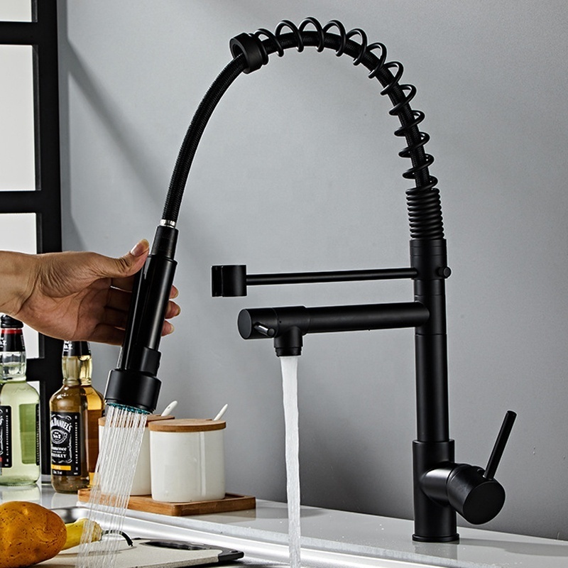 Brass Cartridge Long Neck Single Handle Pull Down Kitchen Sink Faucet Black with Sprayer  Pull Out Kitchen Faucet