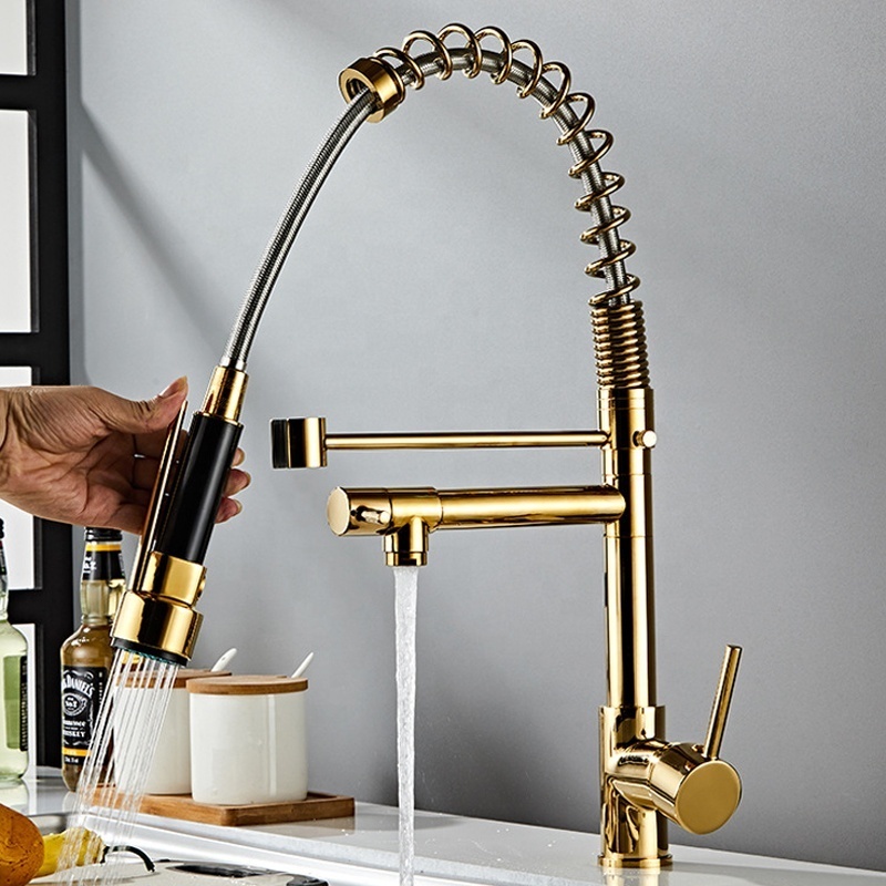 Brass Cartridge Long Neck Single Handle Pull Down Kitchen Sink Faucet Black with Sprayer  Pull Out Kitchen Faucet