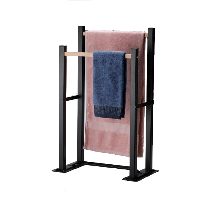 High Quality Floor Standing Metal Pipe Black Coated 2 Tier Clothes Wooden Hanger Bathroom Towel Rack