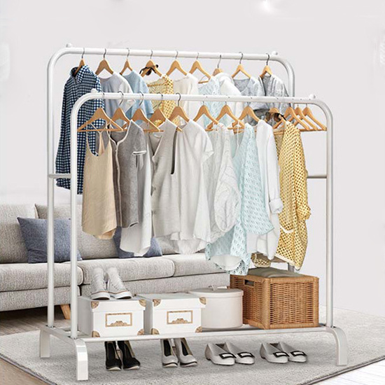 Simple Metal Indoor Drying Rack Double Pole Balcony and Bedroom Closet Folding Clothes Stand & Shoe Hanger for Drying Clothes