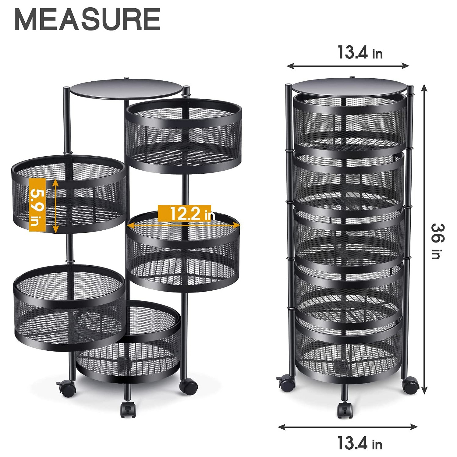 Modern 5 tier black color rotating metal iron wire stand vegetable bread basket kitchen storage holder fruit basket