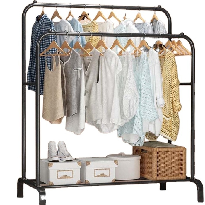 Simple Metal Indoor Drying Rack Double Pole Balcony and Bedroom Closet Folding Clothes Stand & Shoe Hanger for Drying Clothes