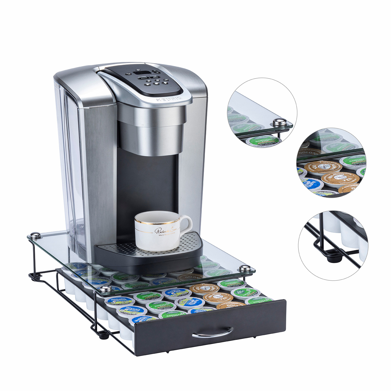 New Arrival wholesale 35pcs Keurig k-cup glass countertop coffee pod storage  holder drawer with handle coffee capsule holder