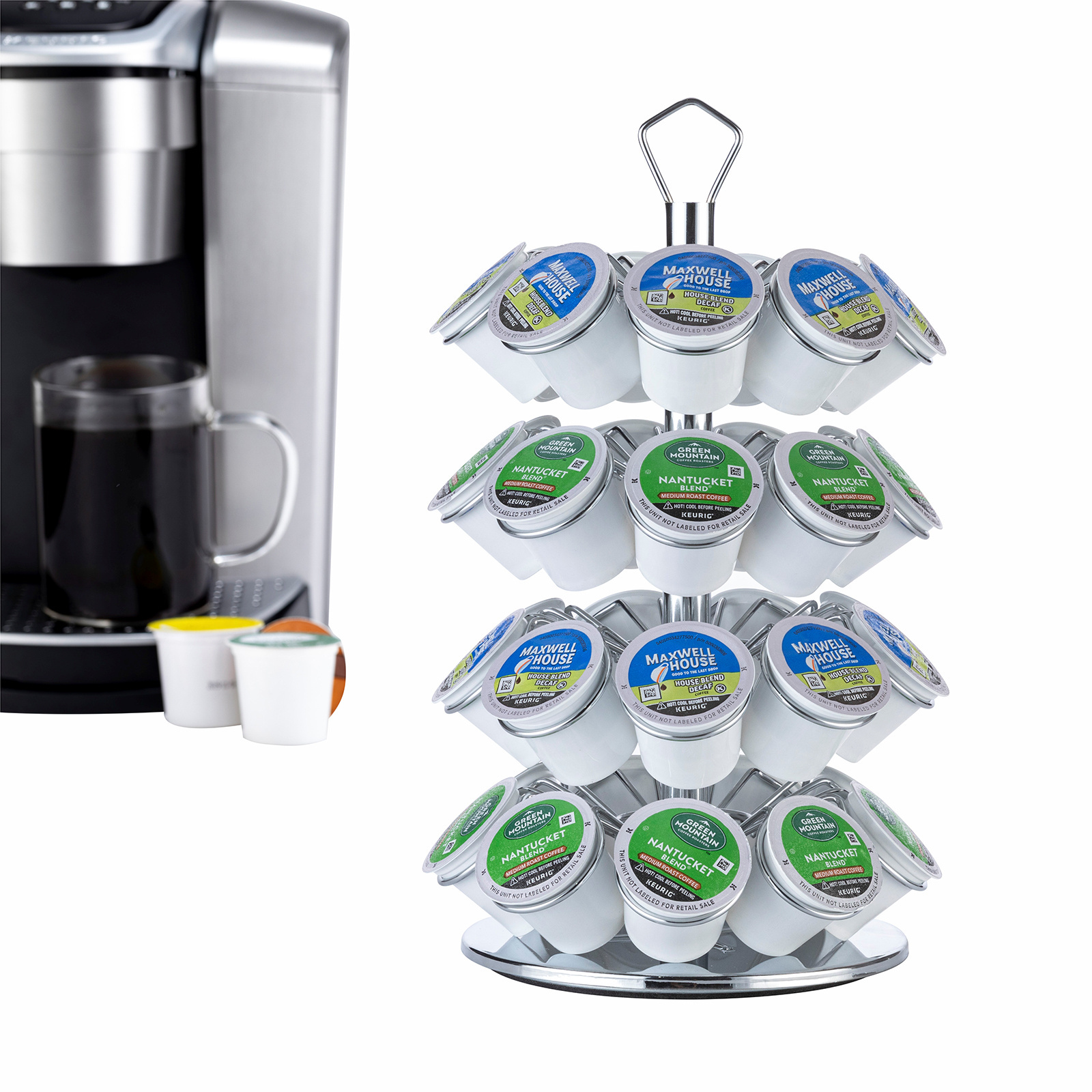 Silver Spinning Keurig Cup Holder Carousel 4-Layer Metal Rack 36pcs Coffee Pod Storage Stand K-Cup Holder