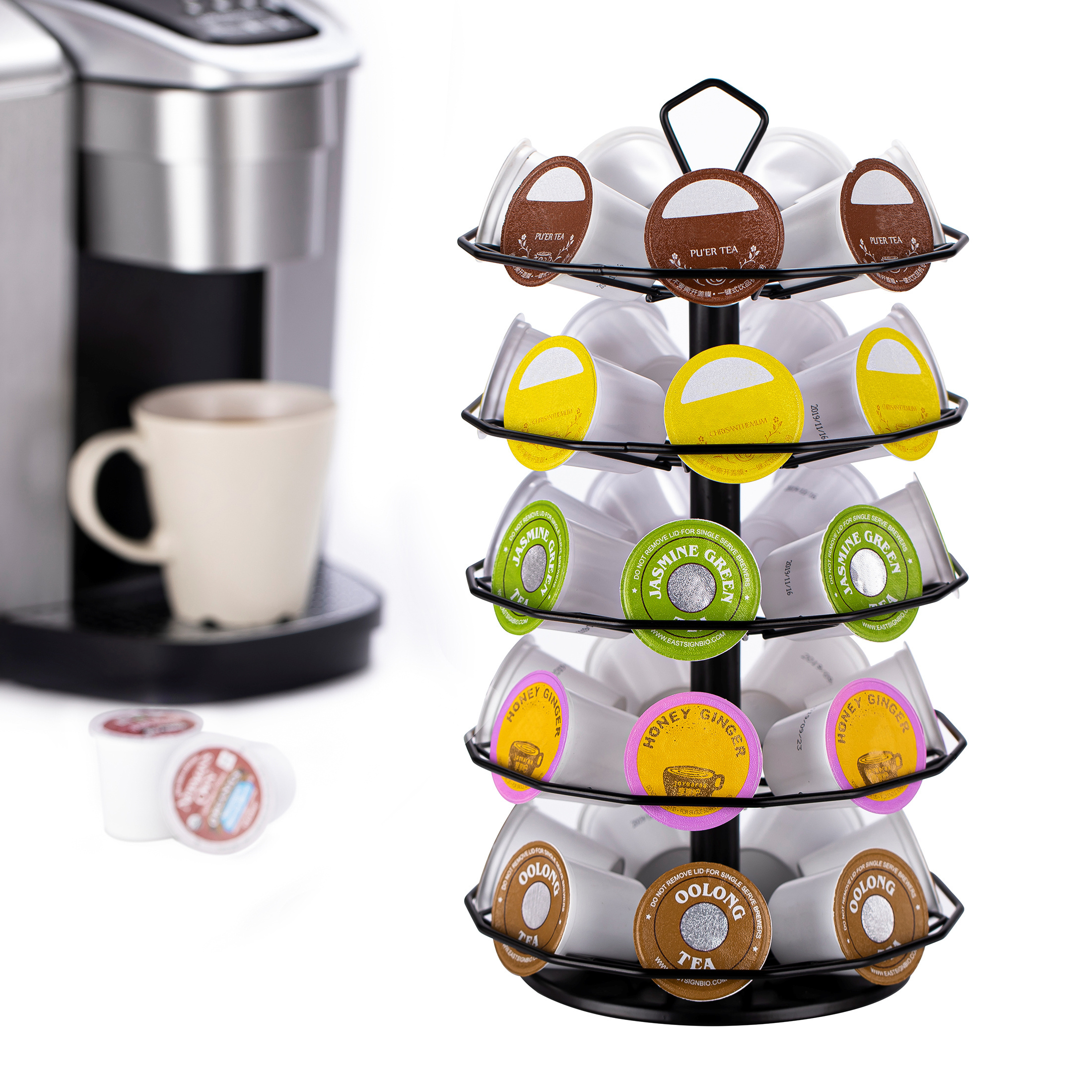 Wholesale 5 tiers 35pcs keurig black rotating base carousel style k cup storage coffee capsule pod storage holder