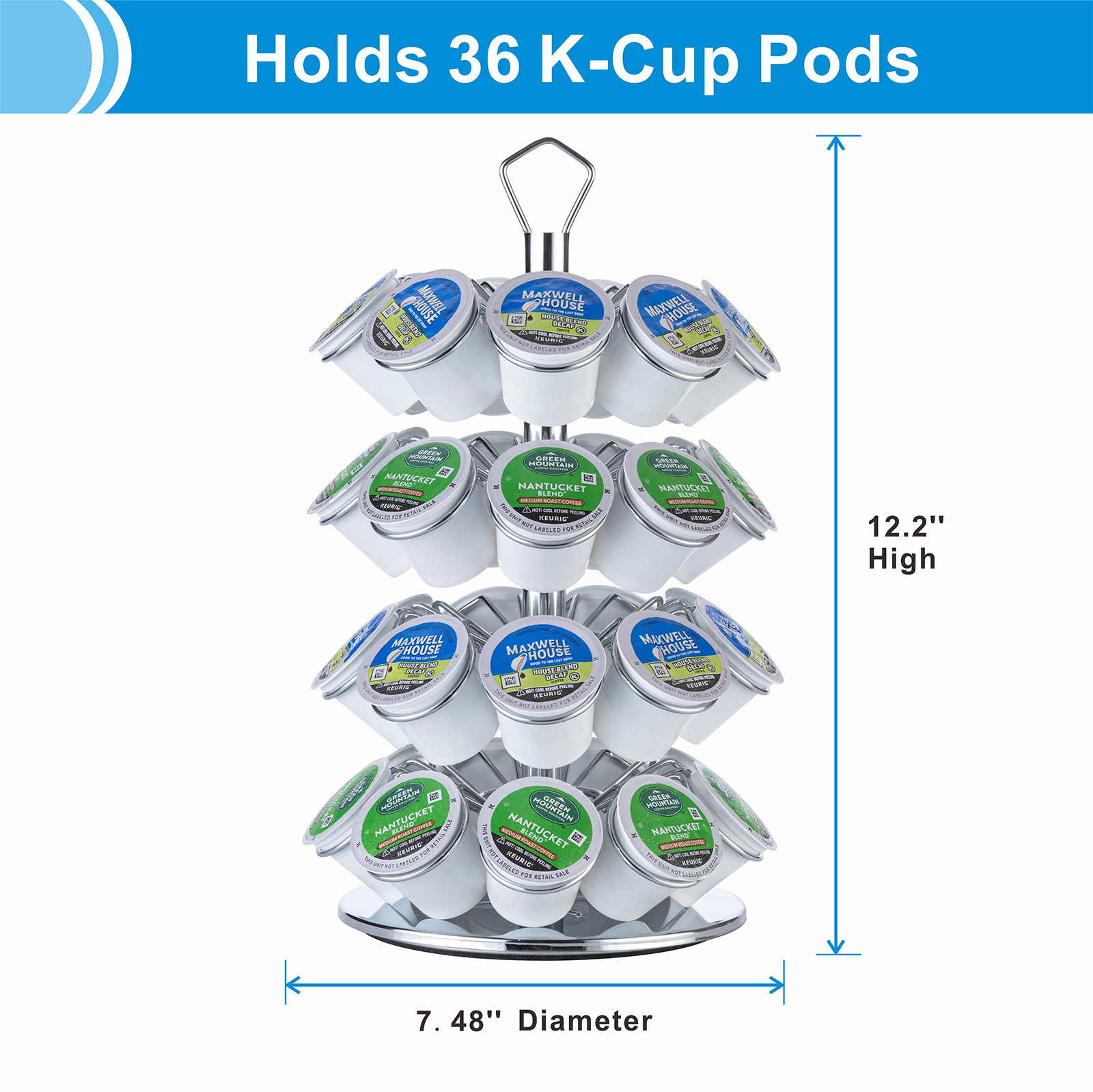 Silver Spinning Keurig Cup Holder Carousel 4-Layer Metal Rack 36pcs Coffee Pod Storage Stand K-Cup Holder