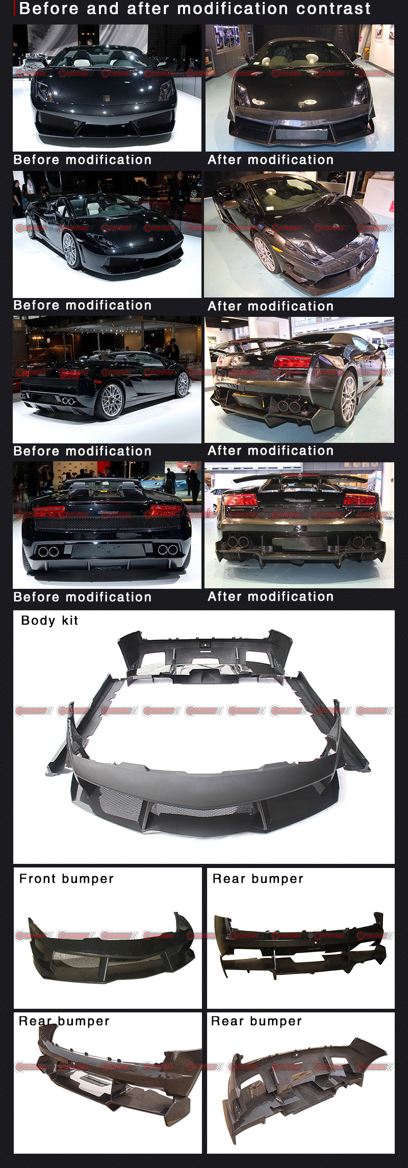 Facelift To RZ Style Carbon Fiber Front Bumper Rear Diffuser Spoiler Body Kit For Lamborghini Gallardo LP550-560