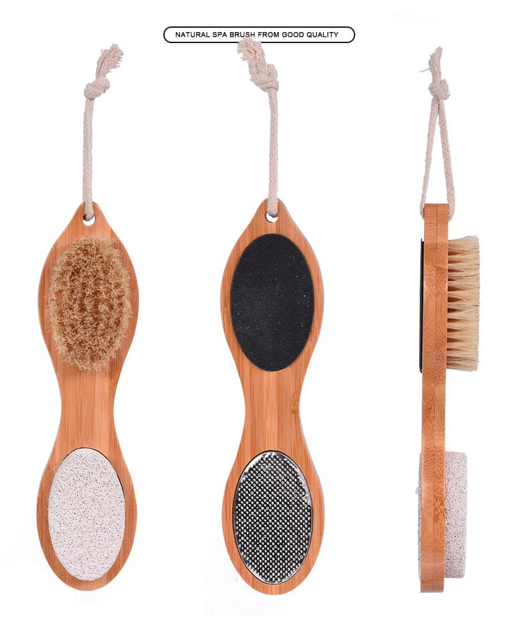 4 in 1 Pedicure Paddle Kit Natural Bamboo Foot Care Bristle Brush Pumice Stone Feet Rasp Sand Paper Foot File Callus Remover