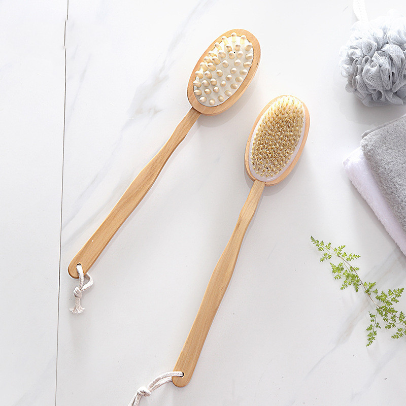 Dry Body Shower Brush Wood Back Exfoliating Scrubber with Soft Stiff Bristles Brush Both Side Massage&Scrub Wet Dry Bath Brush