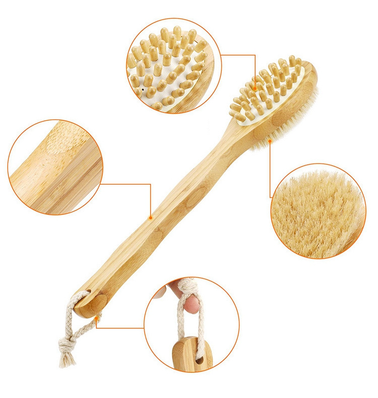 Dry Body Shower Brush Wood Back Exfoliating Scrubber with Soft Stiff Bristles Brush Both Side Massage&Scrub Wet Dry Bath Brush