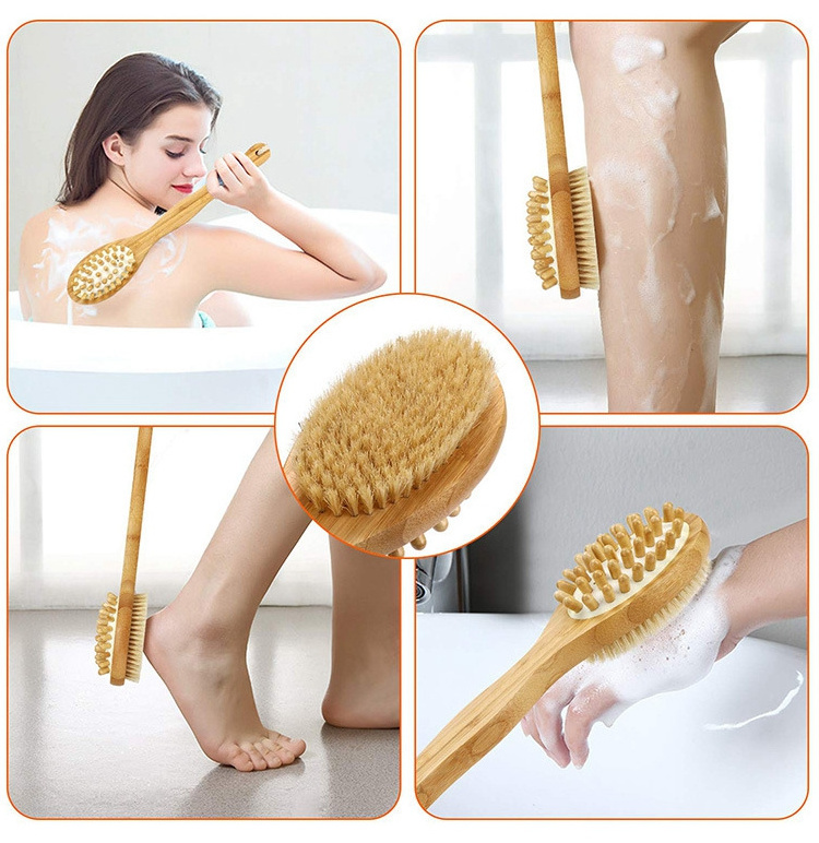 Dry Body Shower Brush Wood Back Exfoliating Scrubber with Soft Stiff Bristles Brush Both Side Massage&Scrub Wet Dry Bath Brush