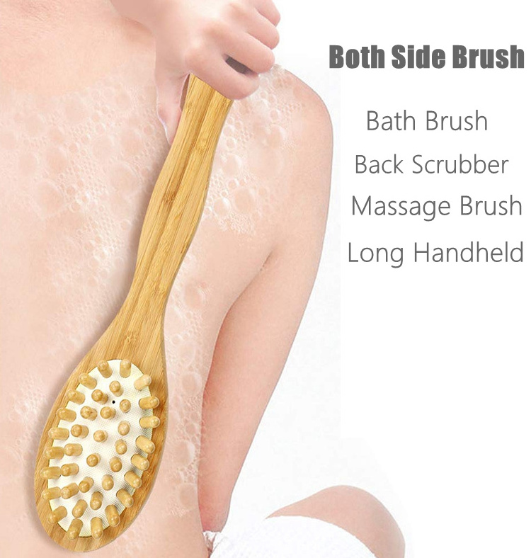 Dry Body Shower Brush Wood Back Exfoliating Scrubber with Soft Stiff Bristles Brush Both Side Massage&Scrub Wet Dry Bath Brush