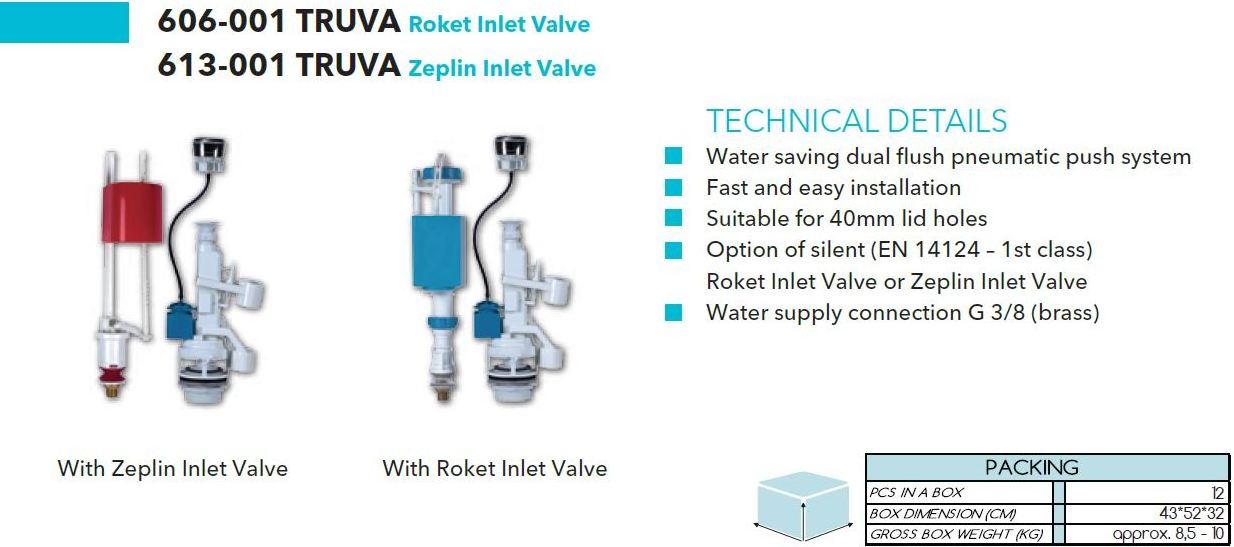 Most Popular High Quality TRUVA PNEUMATIC DUAL FLUSH MECHANISM PUSH SYSTEM (WITH ROCKET) Filling Valves