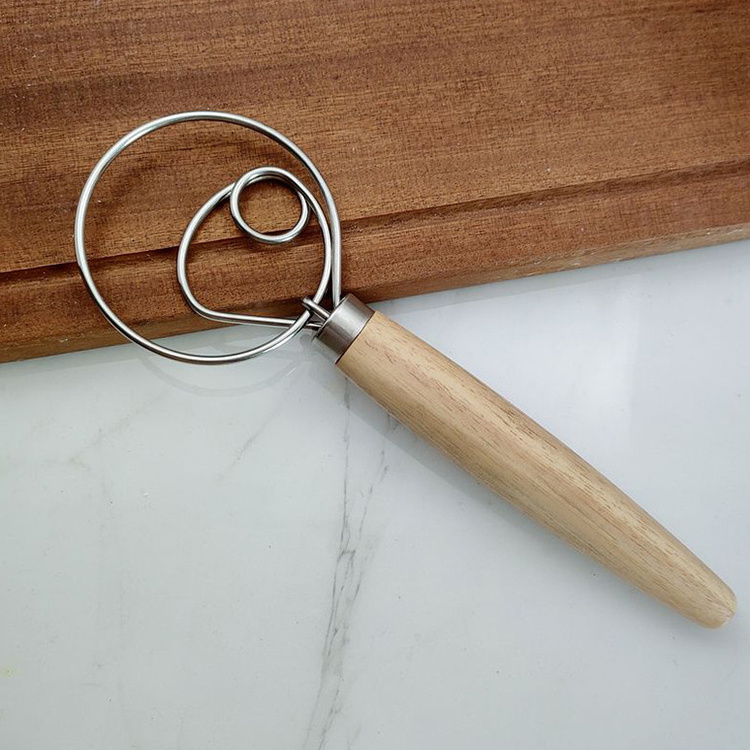 Large Wood Sourdough Bread Whisk with Stainless Steel Dough Mixer Hook Danish Dough Whisk with Scraper for Bread Making Tools