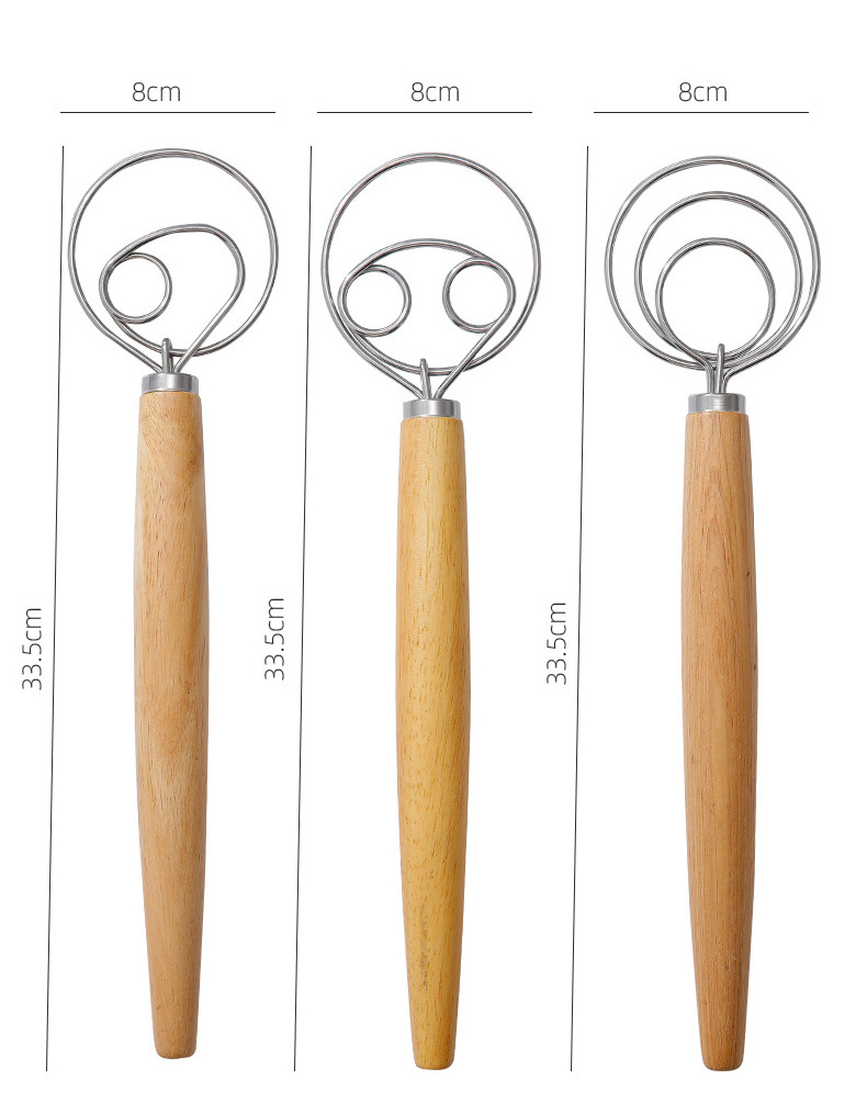 Large Wood Sourdough Bread Whisk with Stainless Steel Dough Mixer Hook Danish Dough Whisk with Scraper for Bread Making Tools