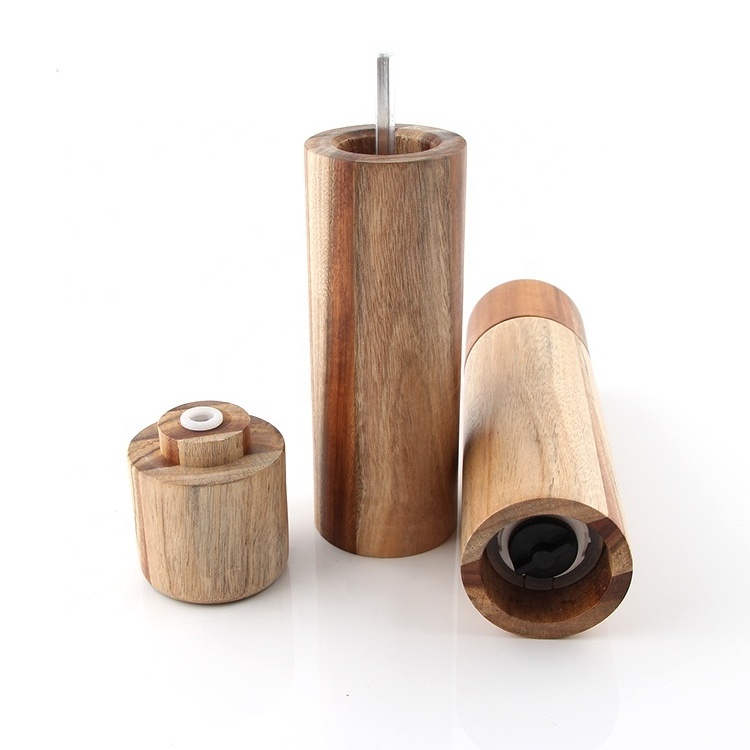 Acacia wood material salt and pepper mill set hand operated salt pepper grinder mill for kitchen