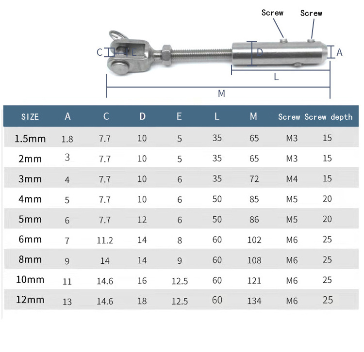 Glass stainless steel wire rope railing post tension fitting