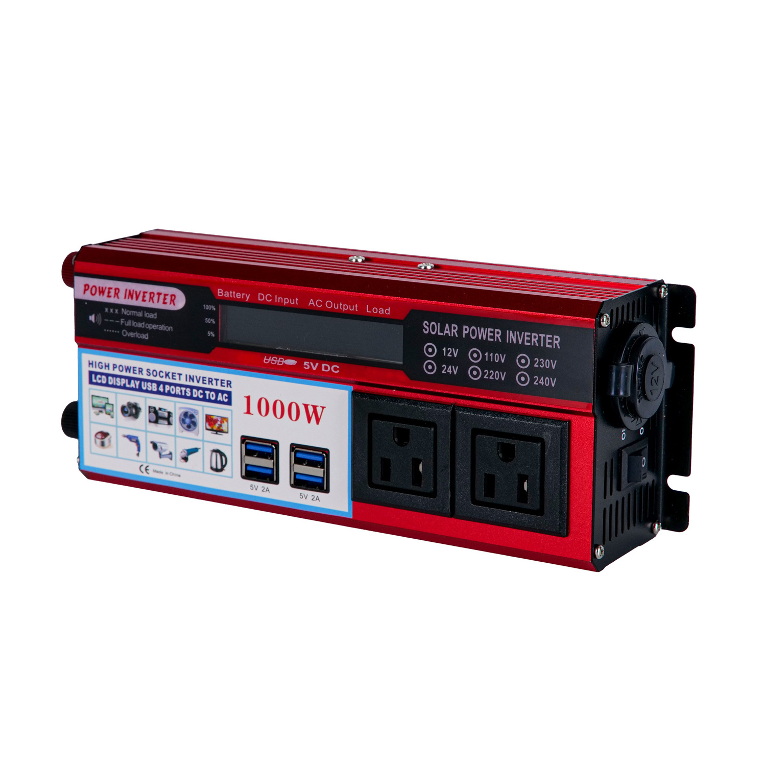 Electric Car Inverter 1000W DC 12V To AC 220V Power Inverter With Foue USB Ports, LCD display