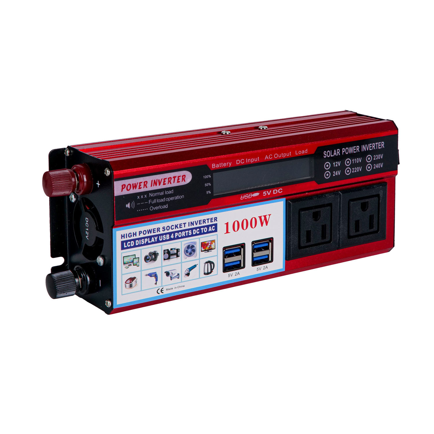 Electric Car Inverter 1000W DC 12V To AC 220V Power Inverter With Foue USB Ports, LCD display