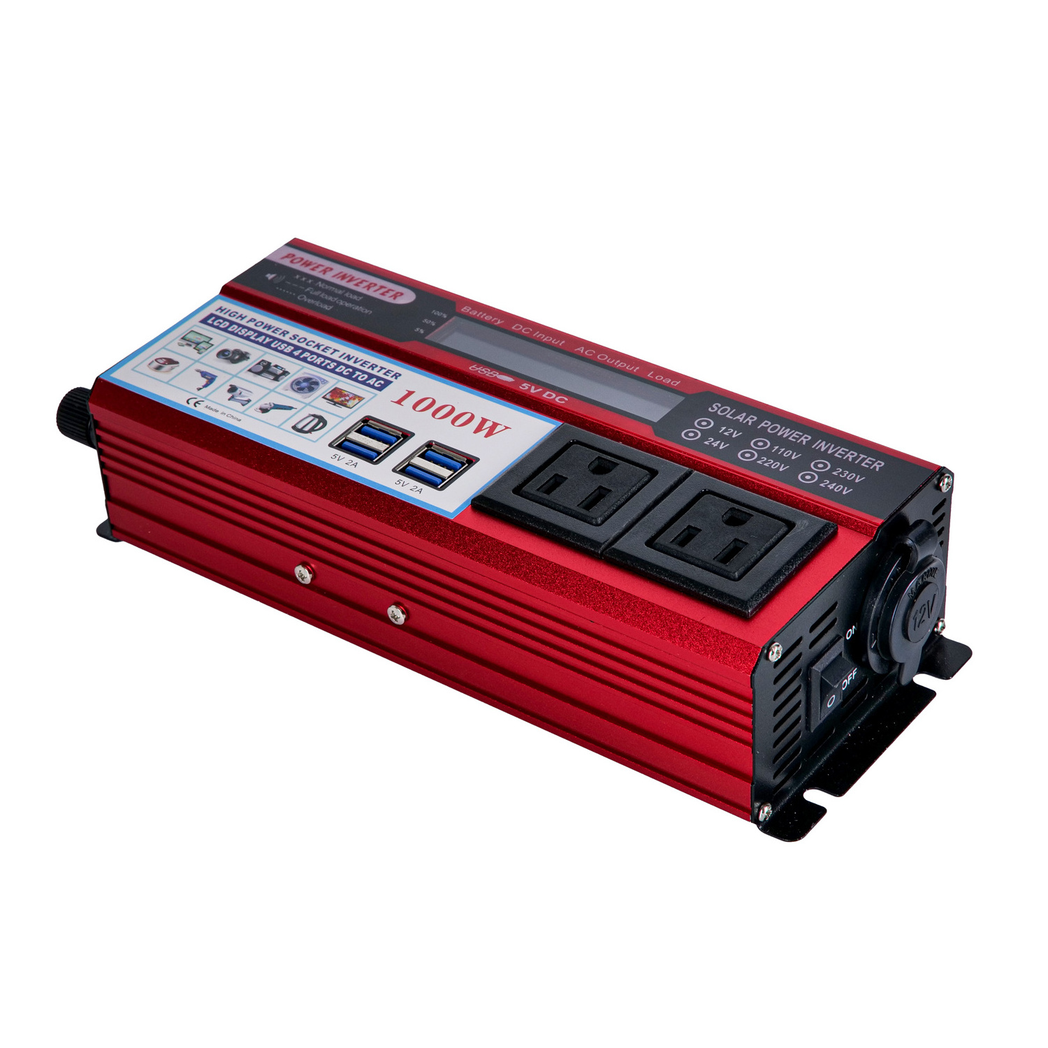 Electric Car Inverter 1000W DC 12V To AC 220V Power Inverter With Foue USB Ports, LCD display