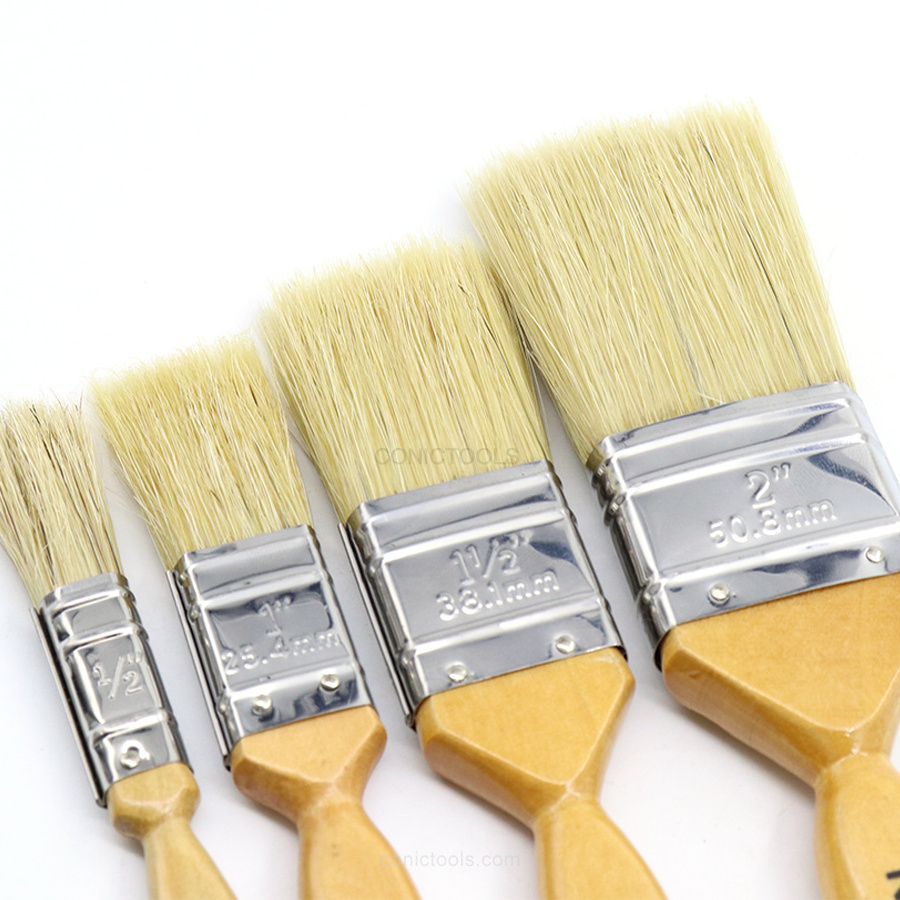 Premium Natural Bristle Paint Brushes With Flat Wooden Handle For Painting