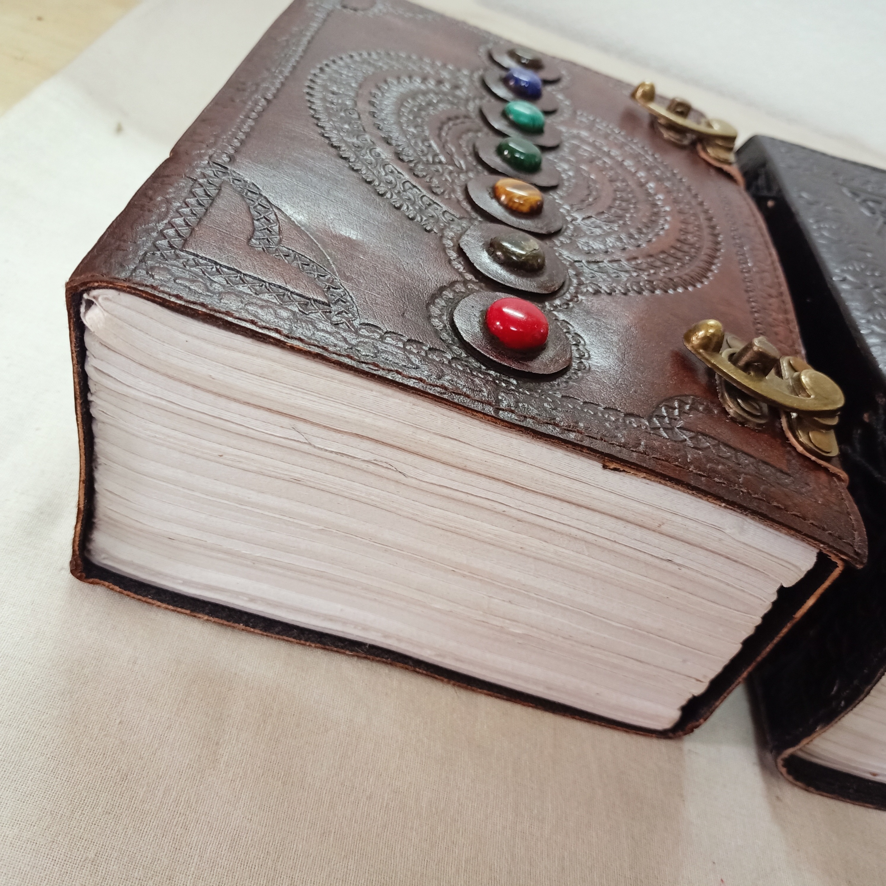 custom made large size jumbo leather journals in size 7*10 inches with 600 pages with 7 chakra gemstone and tree of life