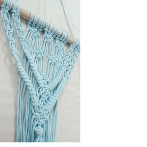 custom made wooden macrame cotton cord wall hanger in sky blue color ideal for room decorations and for resale by home stores