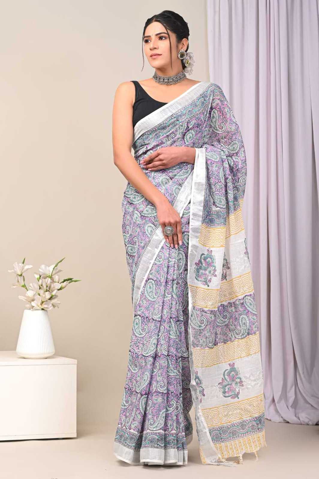 Custom made hand blocked printed 100 % linen sarees for women of all ages in fern leaf design in vibrant red & white colour