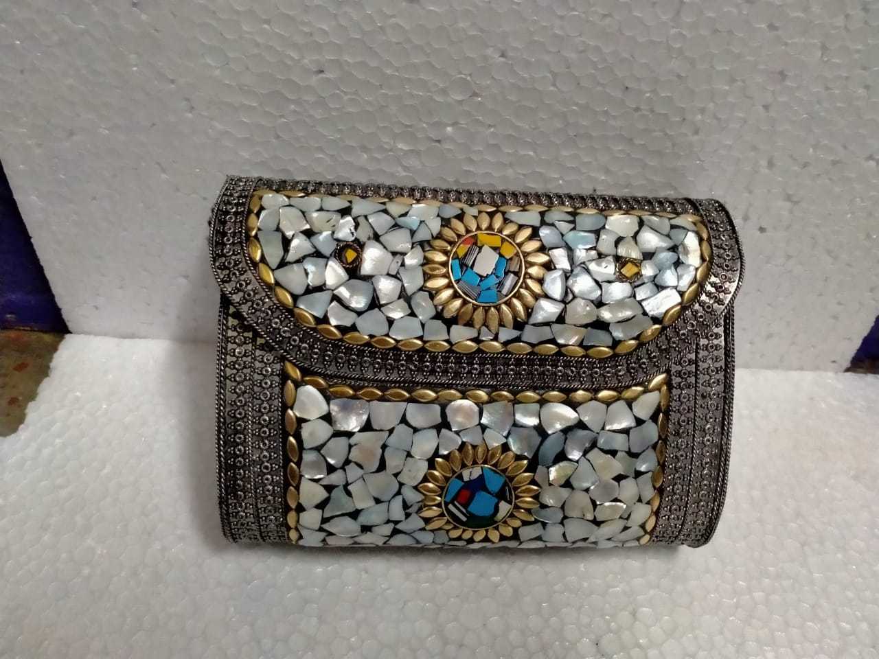 `custom made metal tribal theme antique look purses with Mother Of Pearl and Glass Bead Inlay ideal for resale