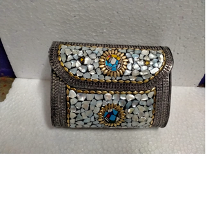 `custom made metal tribal theme antique look purses with Mother Of Pearl and Glass Bead Inlay ideal for resale