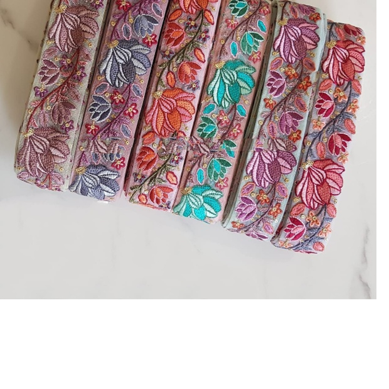 custom made embroidered floral ribbons in rolls of 9 meters ideal for garment designers and clothing stores