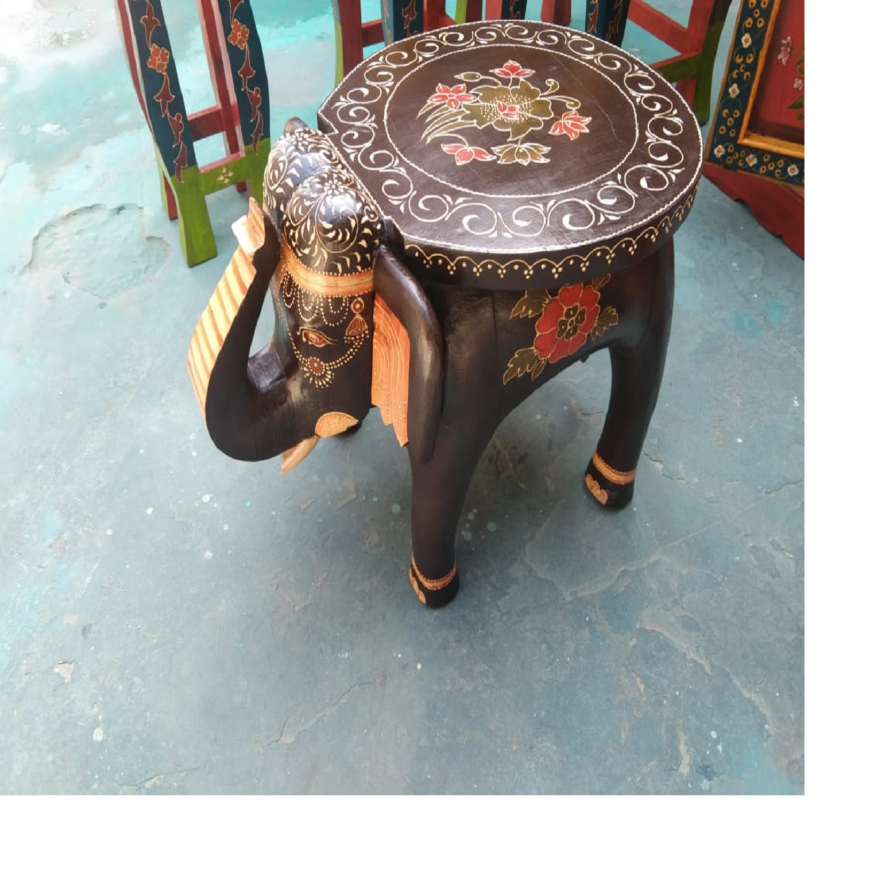 custom made wooden hand painted indian themed coffee tables and side tables for home decoration stores in elephant shape