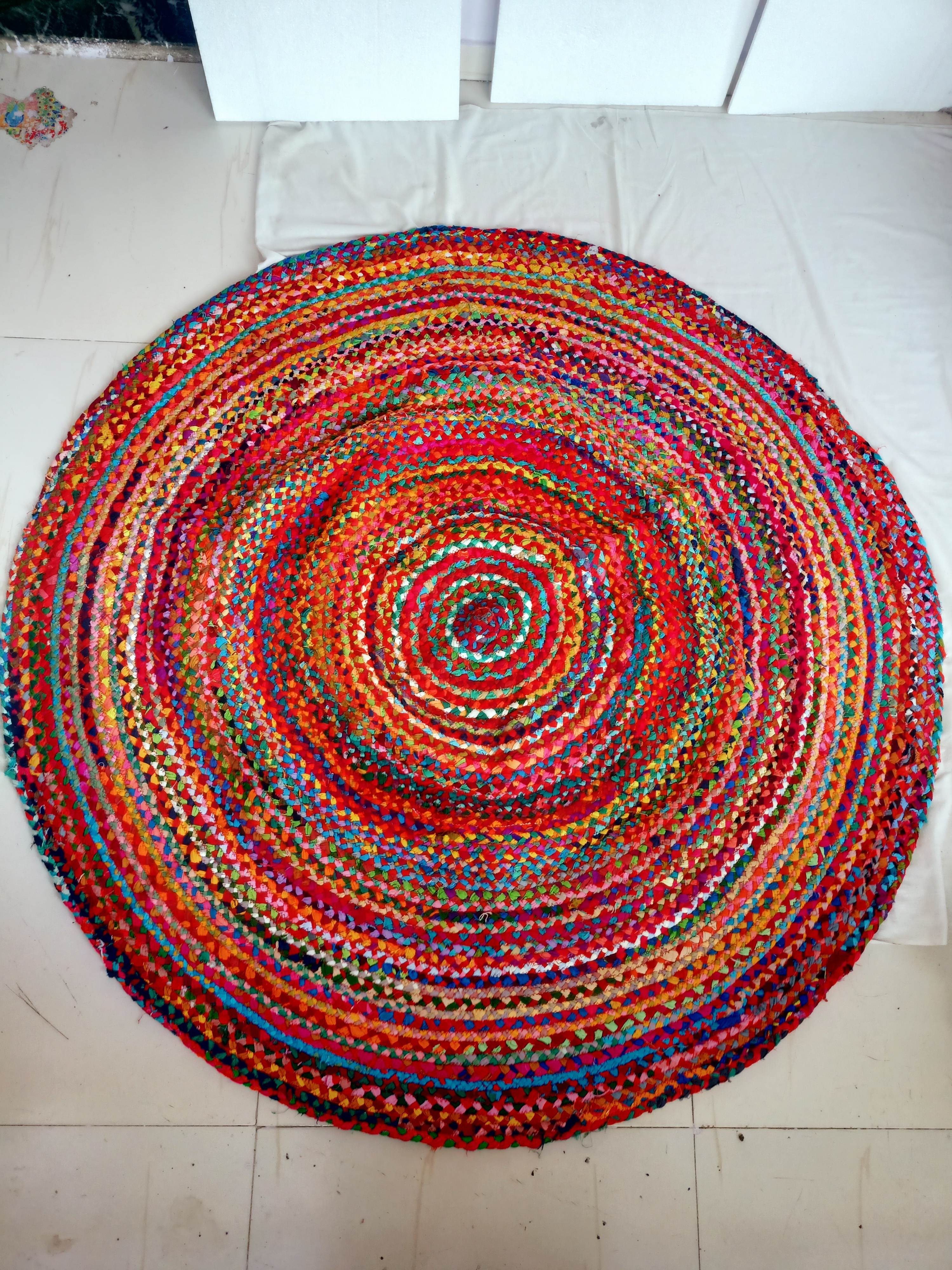 large size recycled fabric floor rugs made from fabric straps available in size 6 feet in multi colors